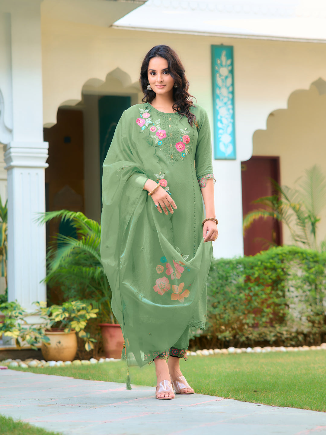 Hand & Machine Embroidered Kurta With Pant & Embroidered Dupatta, Green - Hiral Fashion - Distacart