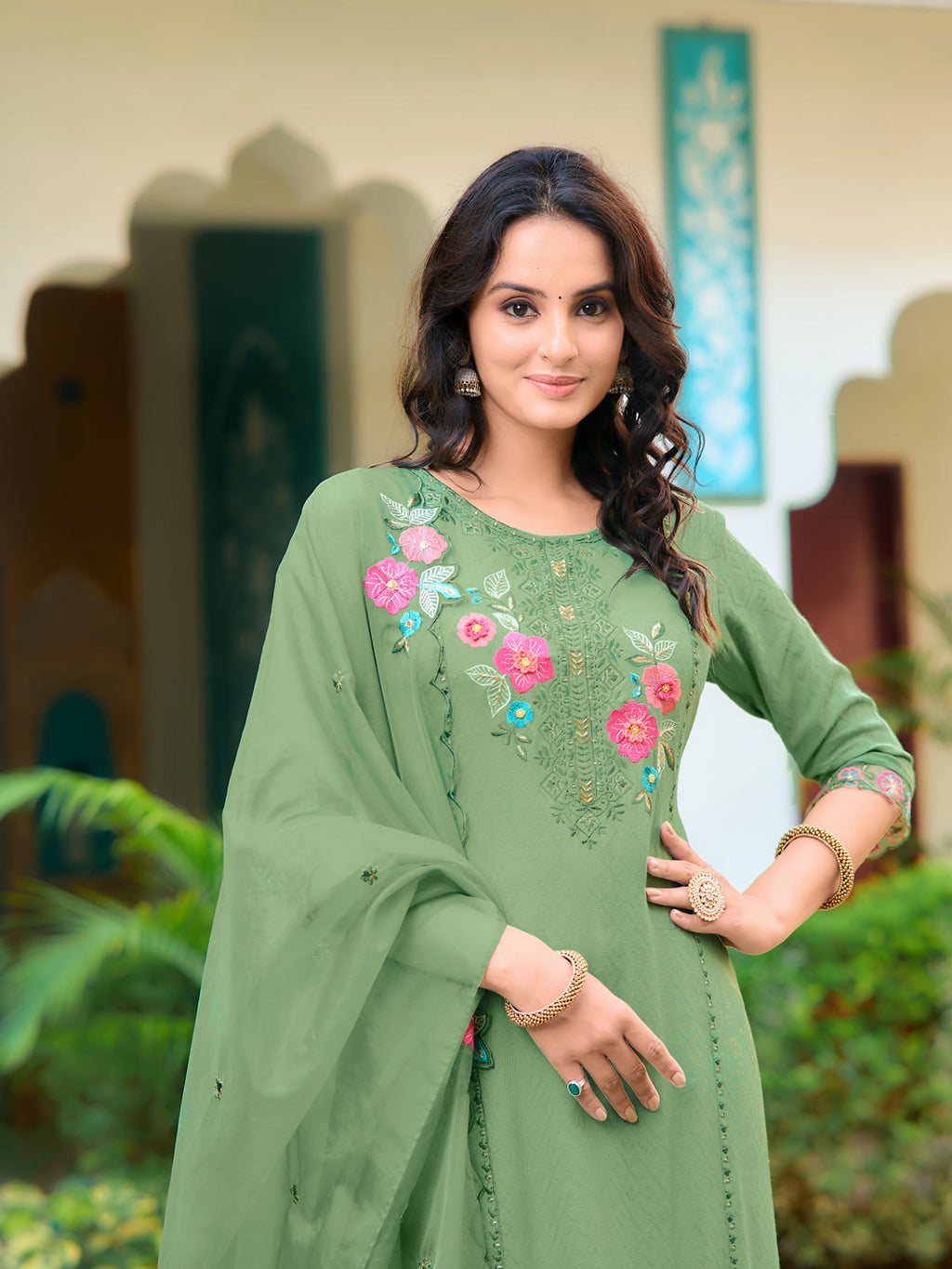 Hand & Machine Embroidered Kurta With Pant & Embroidered Dupatta, Green - Hiral Fashion - Distacart