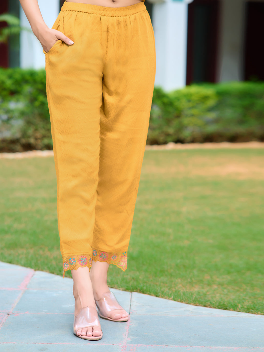 Hand & Machine Embroidered Kurta With Pant & Embroidered Dupatta, Yellow - Hiral Fashion - Distacart