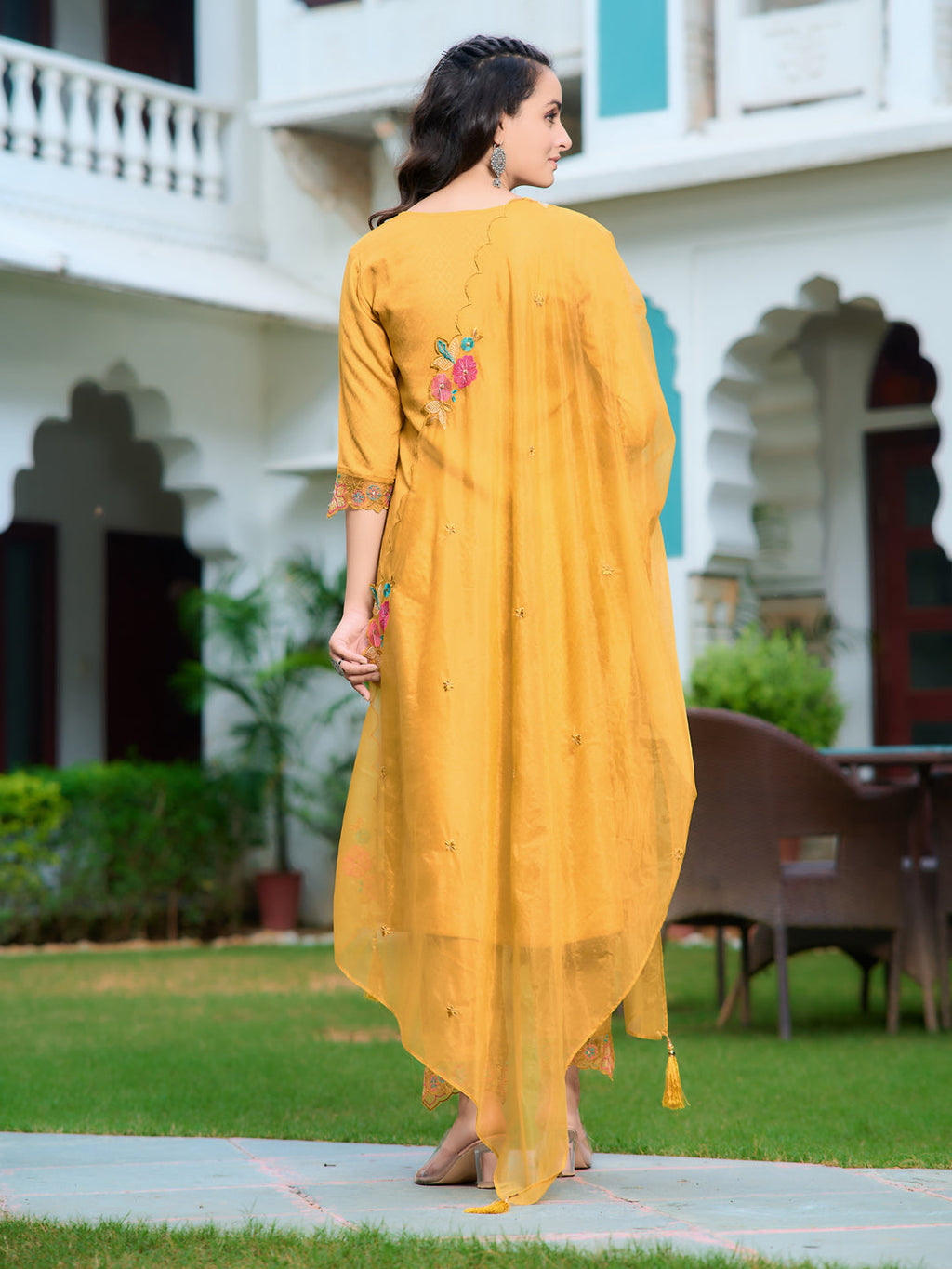 Hand & Machine Embroidered Kurta With Pant & Embroidered Dupatta, Yellow - Hiral Fashion - Distacart