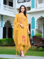 Hand & Machine Embroidered Kurta With Pant & Embroidered Dupatta, Yellow - Hiral Fashion - Distacart