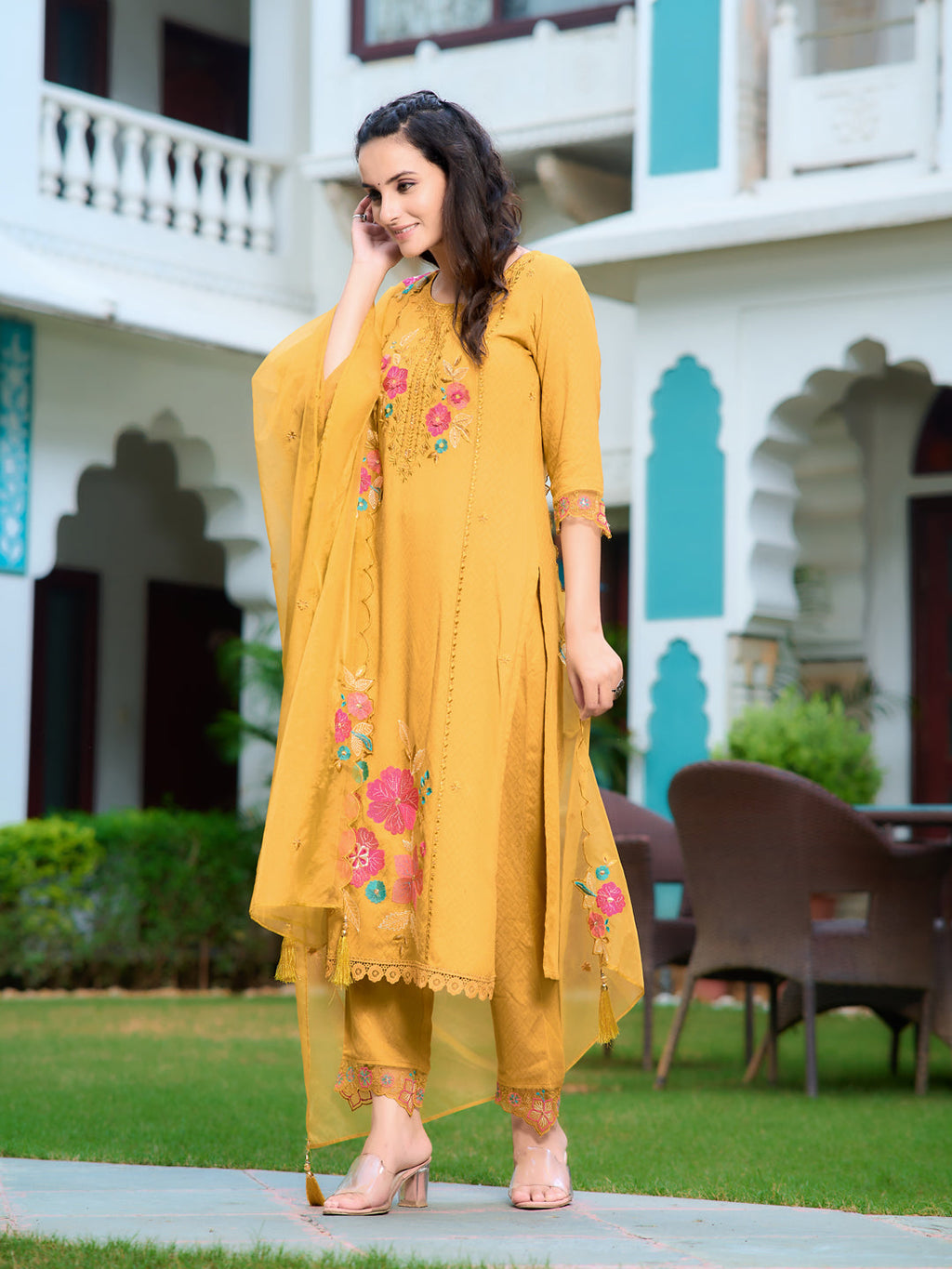 Hand & Machine Embroidered Kurta With Pant & Embroidered Dupatta, Yellow - Hiral Fashion - Distacart