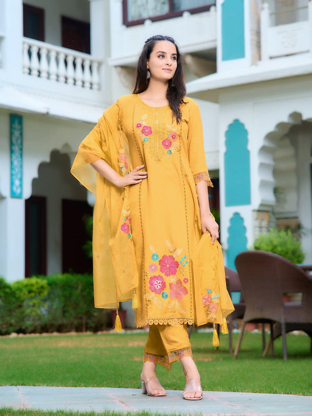 Hand & Machine Embroidered Kurta With Pant & Embroidered Dupatta, Yellow - Hiral Fashion - Distacart