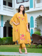 Hand & Machine Embroidered Kurta With Pant & Embroidered Dupatta, Yellow - Hiral Fashion - Distacart