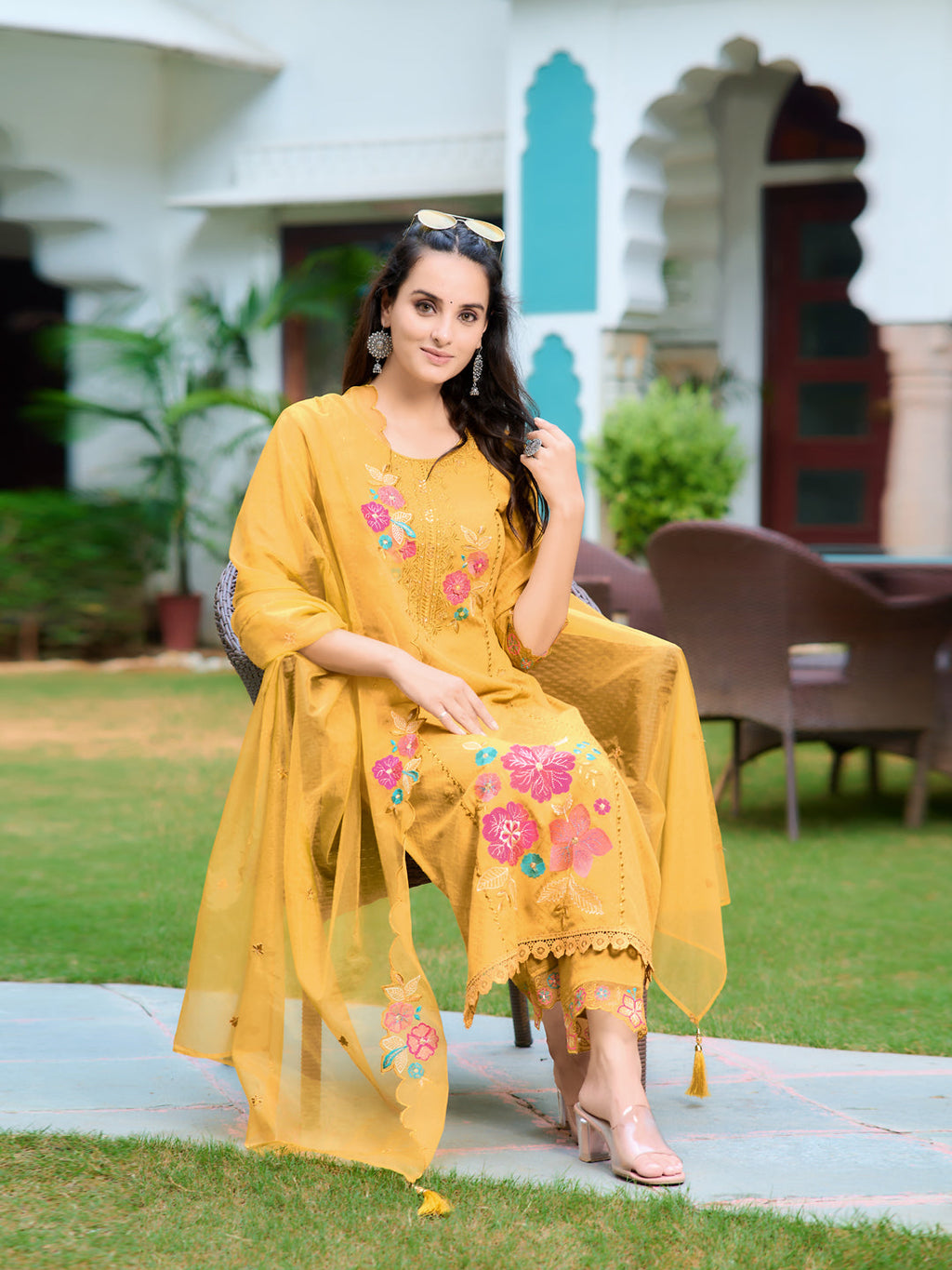 Hand & Machine Embroidered Kurta With Pant & Embroidered Dupatta, Yellow - Hiral Fashion - Distacart