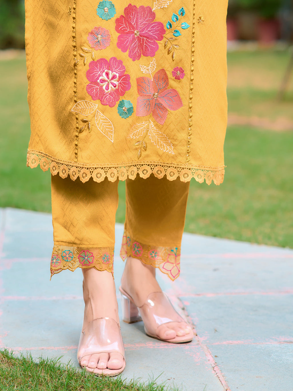 Hand & Machine Embroidered Kurta With Pant & Embroidered Dupatta, Yellow - Hiral Fashion - Distacart