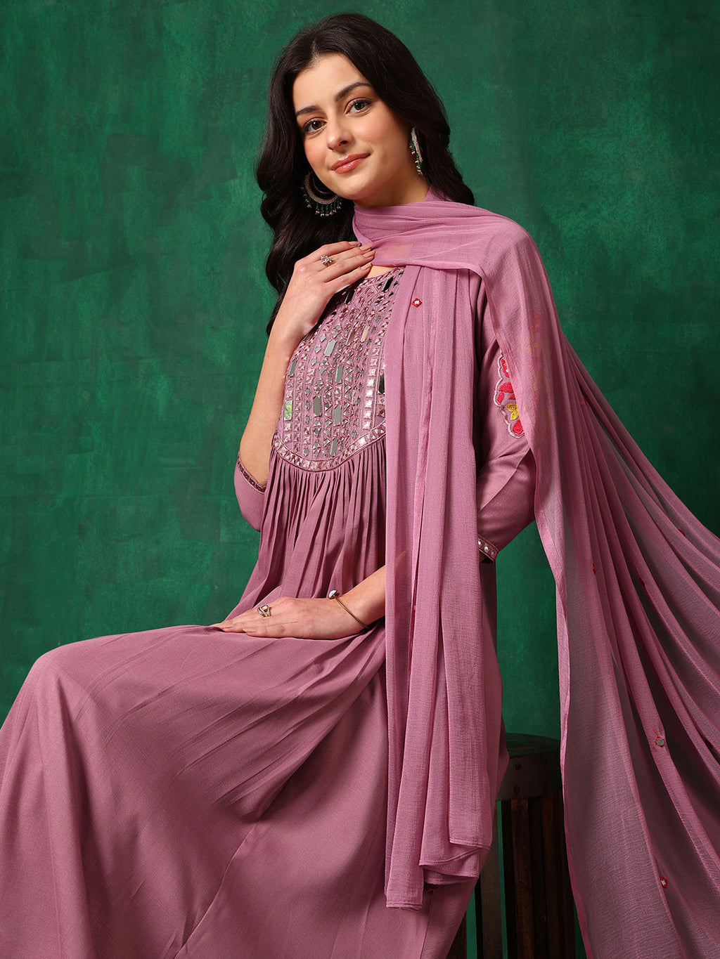 Mirror Embroidered Kurta With Pant & Embroidered Dupatta, Lavender - Hiral Fashion - Distacart