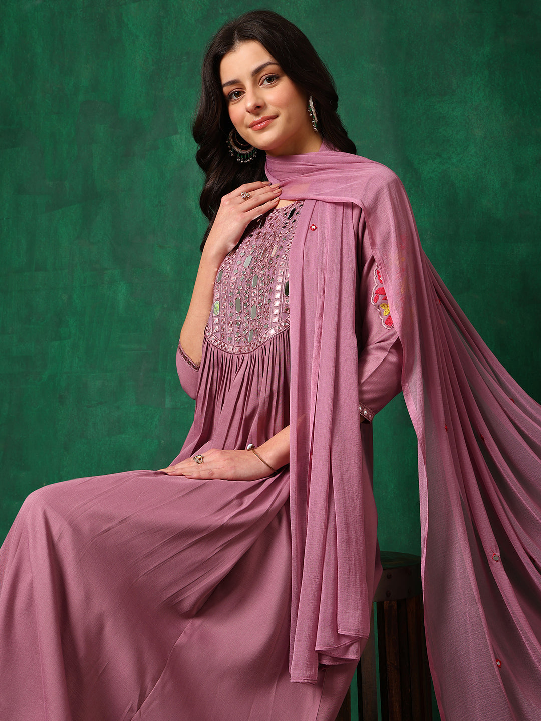 Mirror Embroidered Kurta With Pant & Embroidered Dupatta, Lavender - Hiral Fashion - Distacart