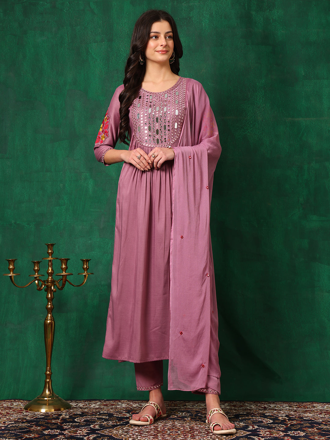 Mirror Embroidered Kurta With Pant & Embroidered Dupatta, Lavender - Hiral Fashion - Distacart
