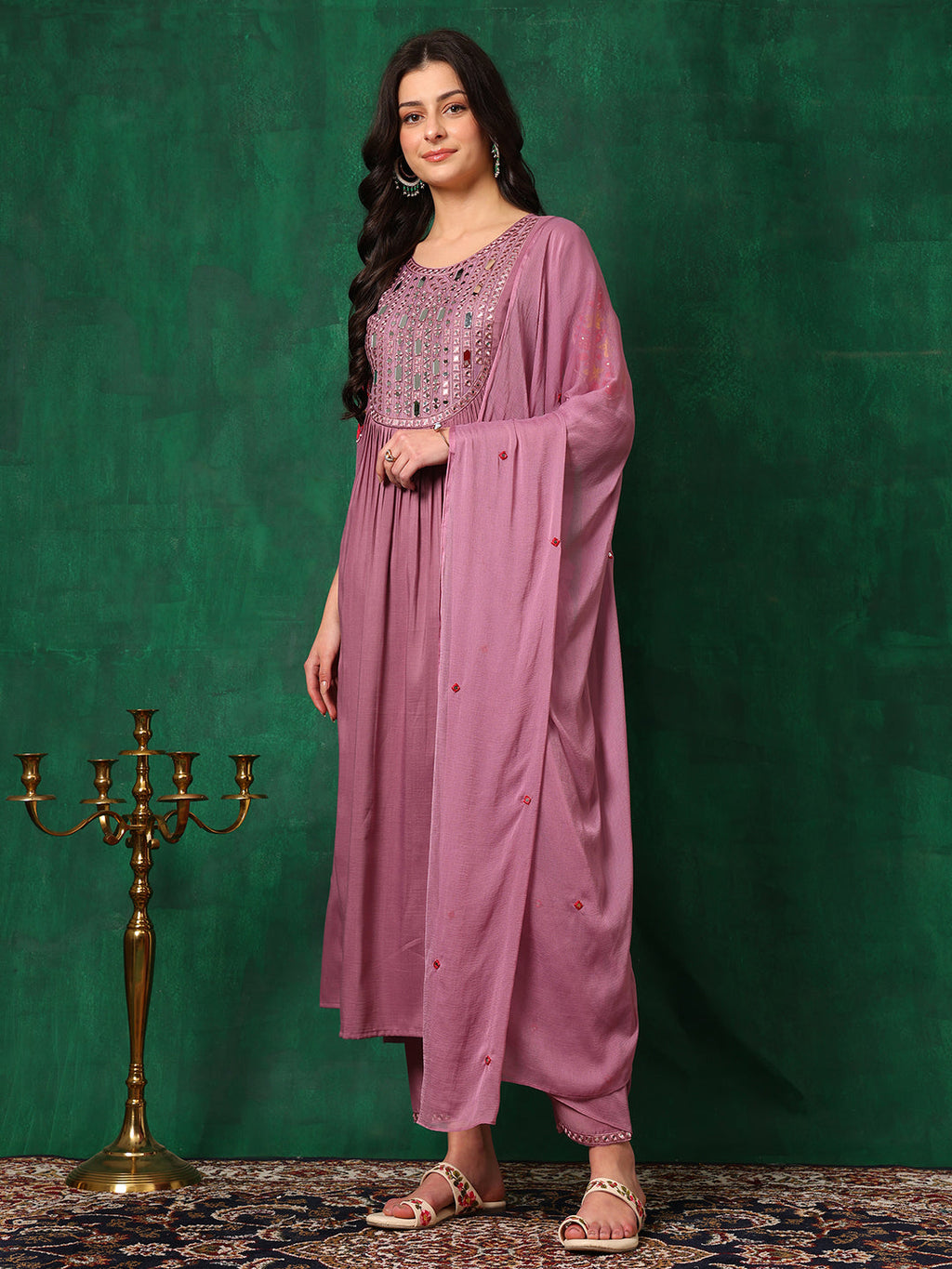 Mirror Embroidered Kurta With Pant & Embroidered Dupatta, Lavender - Hiral Fashion - Distacart