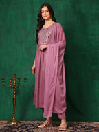 Mirror Embroidered Kurta With Pant & Embroidered Dupatta, Lavender - Hiral Fashion - Distacart