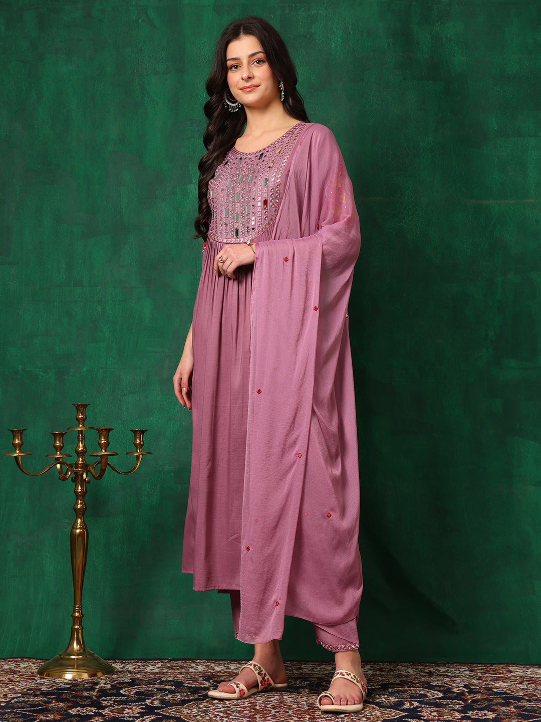 Mirror Embroidered Kurta With Pant & Embroidered Dupatta, Lavender - Hiral Fashion - Distacart