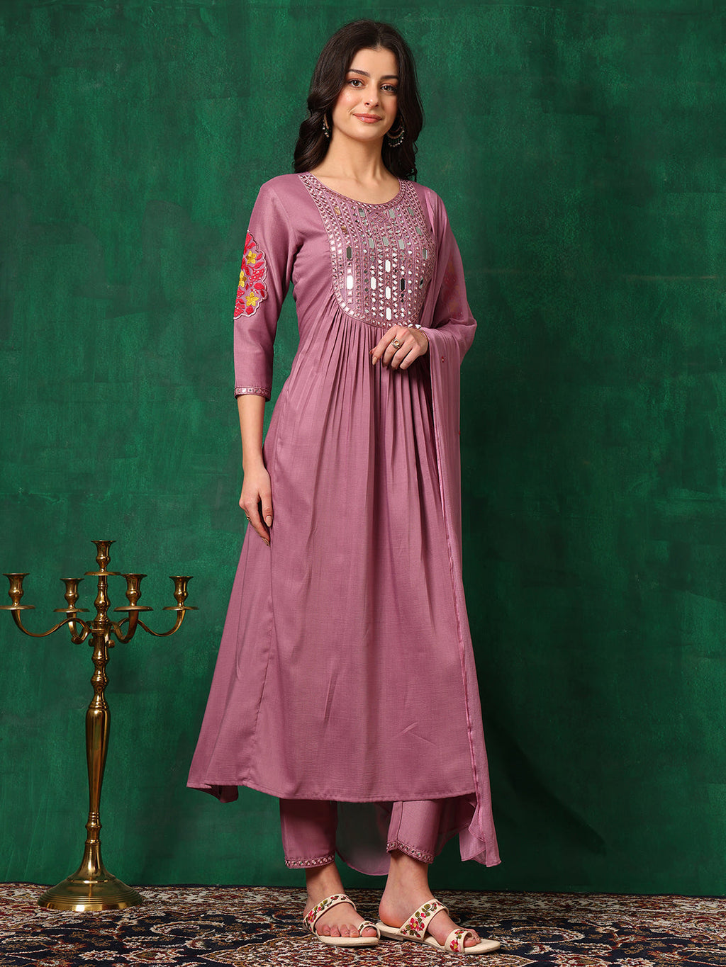 Mirror Embroidered Kurta With Pant & Embroidered Dupatta, Lavender - Hiral Fashion - Distacart