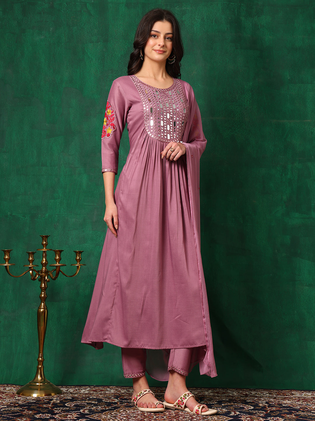 Mirror Embroidered Kurta With Pant & Embroidered Dupatta, Lavender - Hiral Fashion - Distacart