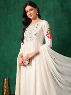 Mirror Embroidered Kurta With Pant & Embroidered Dupatta, White - Hiral Fashion - Distacart