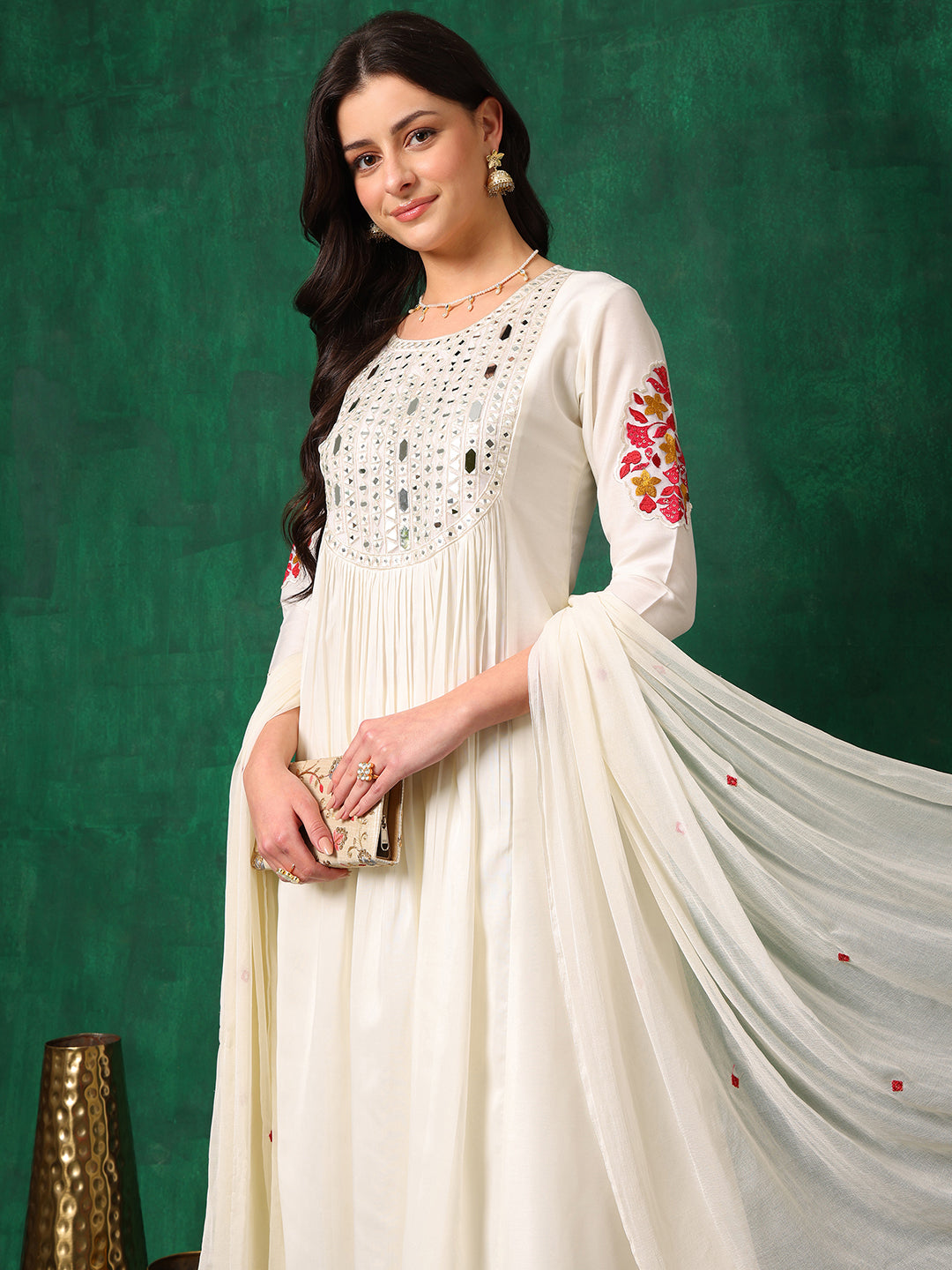 Mirror Embroidered Kurta With Pant & Embroidered Dupatta, White - Hiral Fashion - Distacart