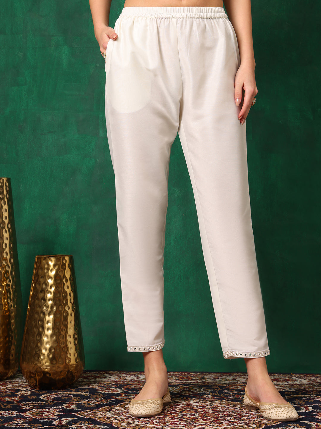 Mirror Embroidered Kurta With Pant & Embroidered Dupatta, White - Hiral Fashion - Distacart