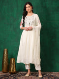 Mirror Embroidered Kurta With Pant & Embroidered Dupatta, White - Hiral Fashion - Distacart