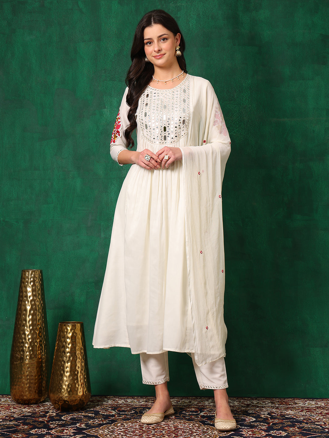Mirror Embroidered Kurta With Pant & Embroidered Dupatta, White - Hiral Fashion - Distacart
