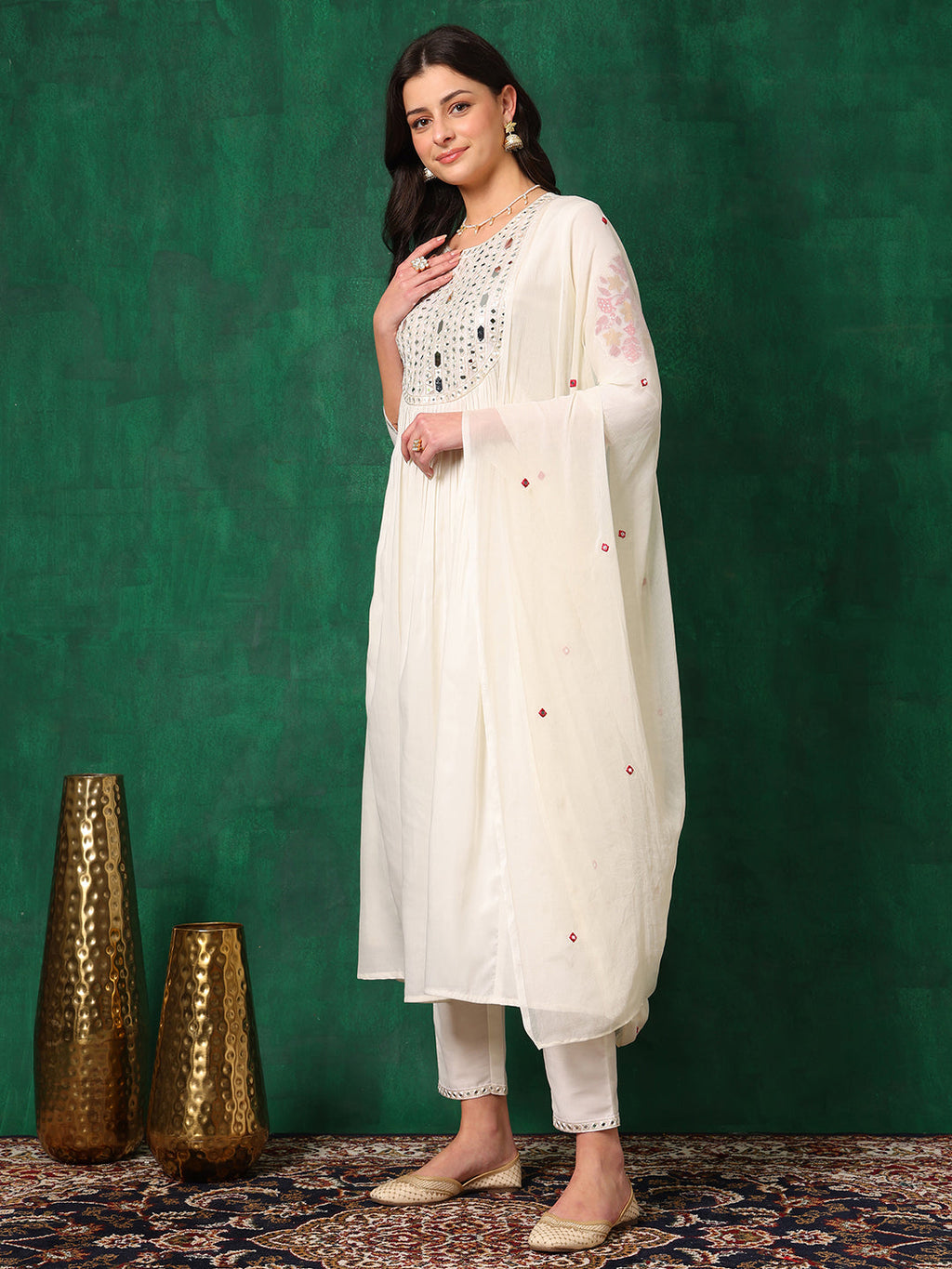Mirror Embroidered Kurta With Pant & Embroidered Dupatta, White - Hiral Fashion - Distacart