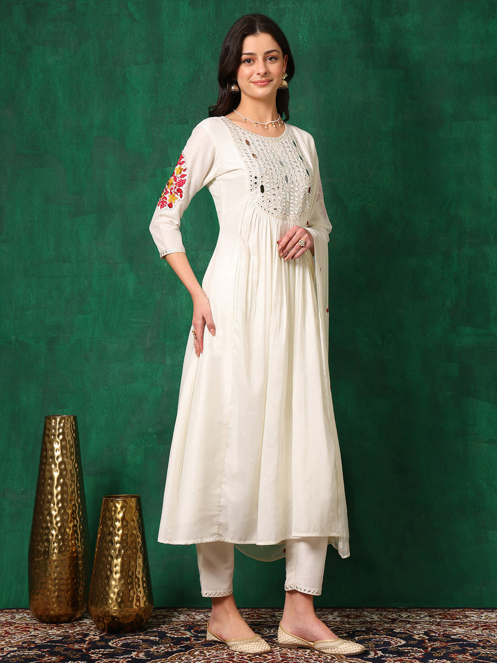 Mirror Embroidered Kurta With Pant & Embroidered Dupatta, White - Hiral Fashion - Distacart