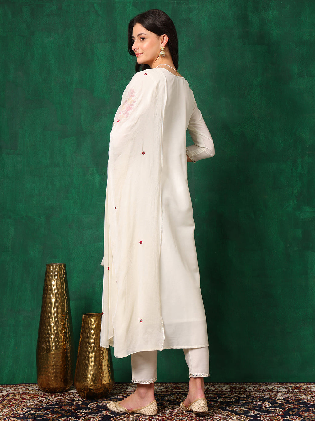 Mirror Embroidered Kurta With Pant & Embroidered Dupatta, White - Hiral Fashion - Distacart