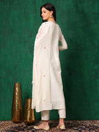 Mirror Embroidered Kurta With Pant & Embroidered Dupatta, White - Hiral Fashion - Distacart