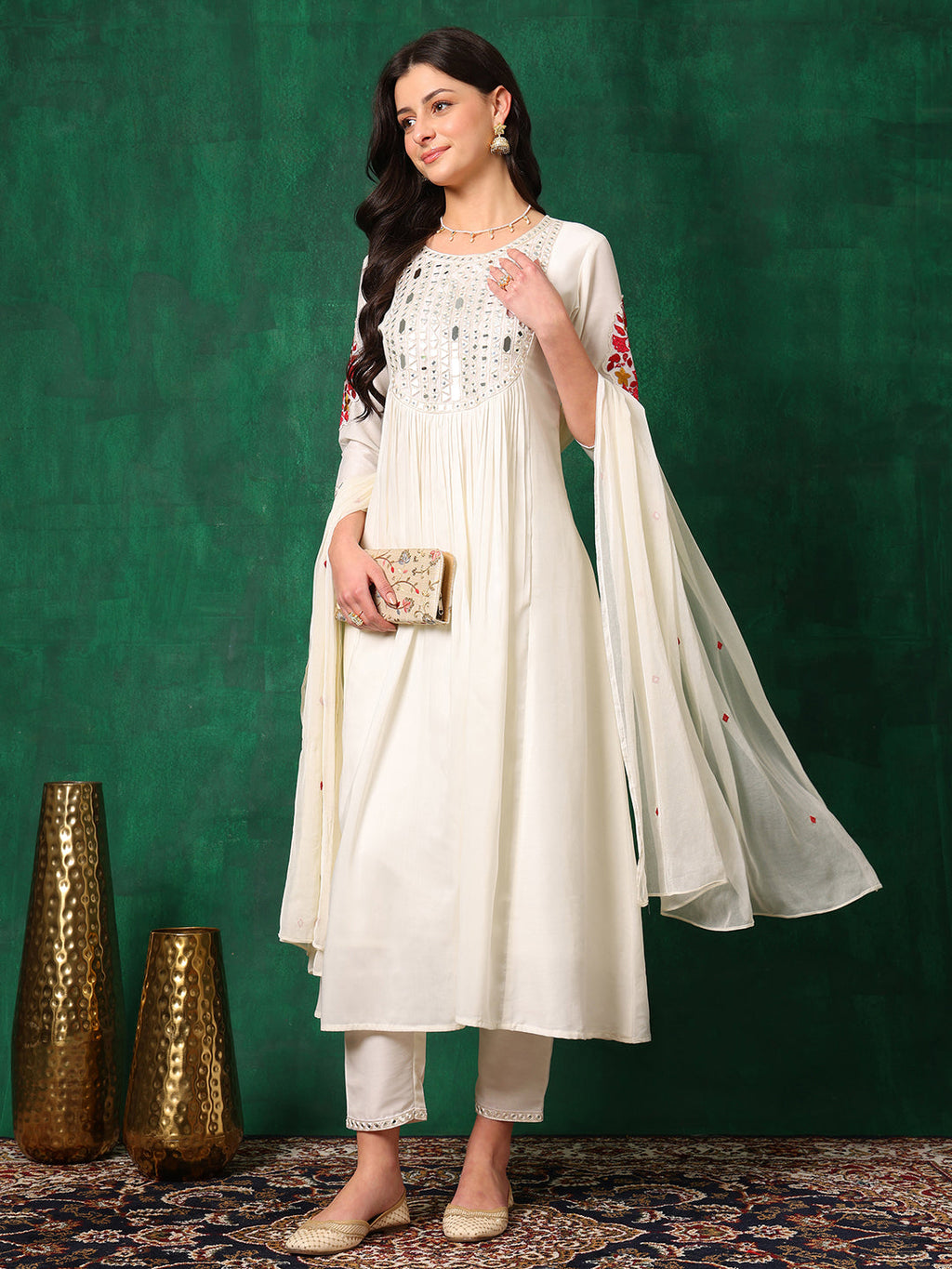 Mirror Embroidered Kurta With Pant & Embroidered Dupatta, White - Hiral Fashion - Distacart