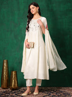 Mirror Embroidered Kurta With Pant & Embroidered Dupatta, White - Hiral Fashion - Distacart