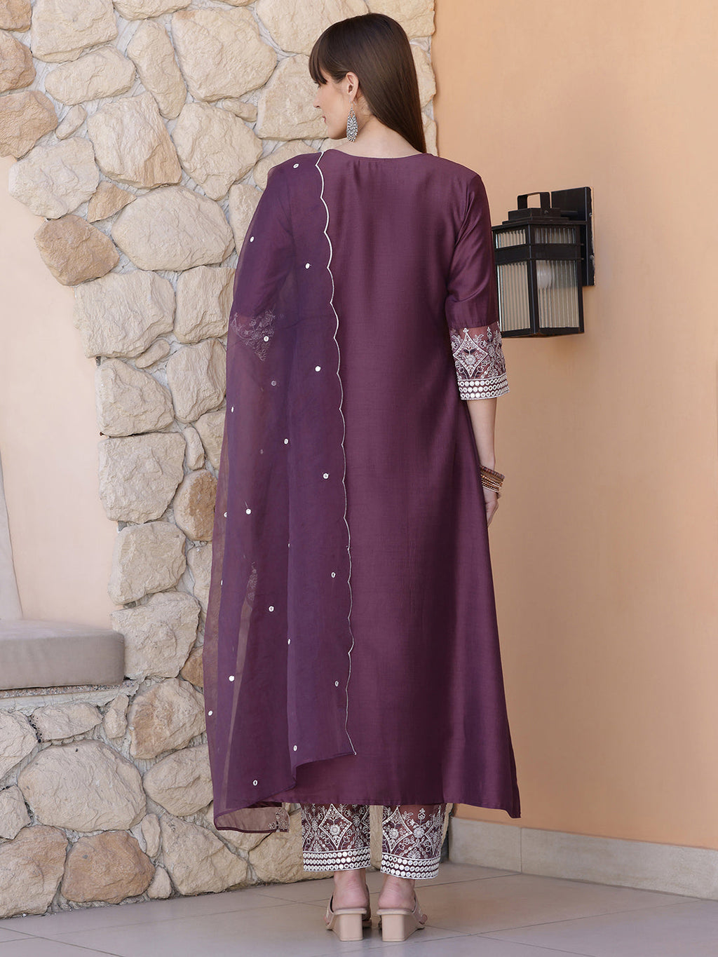 Mirror Embroidered Kurta With Pant & Embroidered Dupatta, Mauve - Hiral Fashion - Distacart