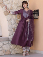 Mirror Embroidered Kurta With Pant & Embroidered Dupatta, Mauve - Hiral Fashion - Distacart