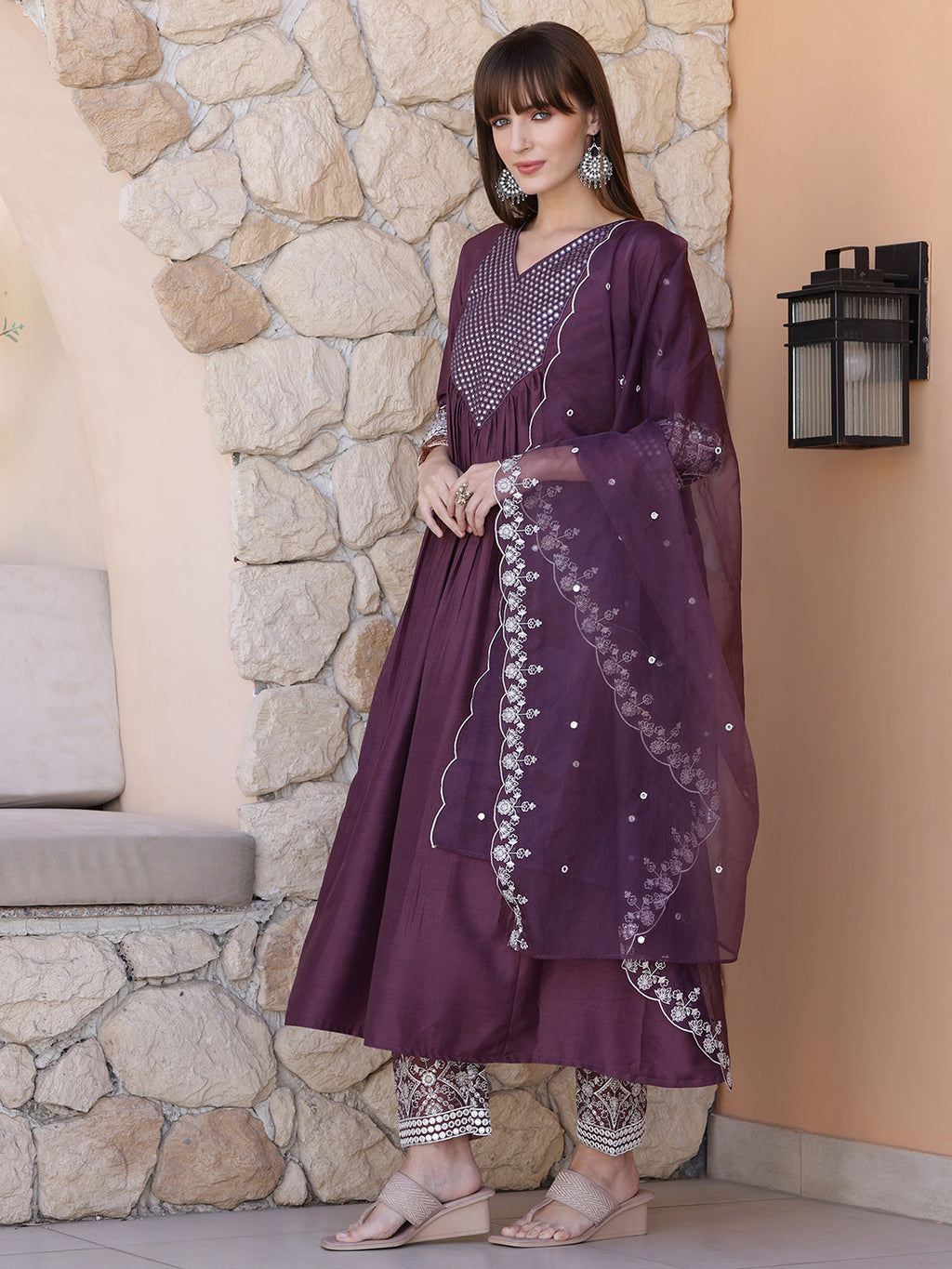 Mirror Embroidered Kurta With Pant & Embroidered Dupatta, Mauve - Hiral Fashion - Distacart