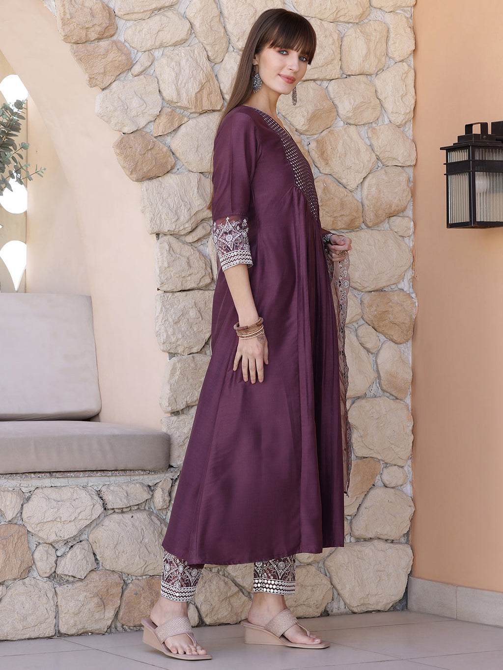 Mirror Embroidered Kurta With Pant & Embroidered Dupatta, Mauve - Hiral Fashion - Distacart