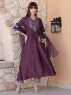 Mirror Embroidered Kurta With Pant & Embroidered Dupatta, Mauve - Hiral Fashion - Distacart