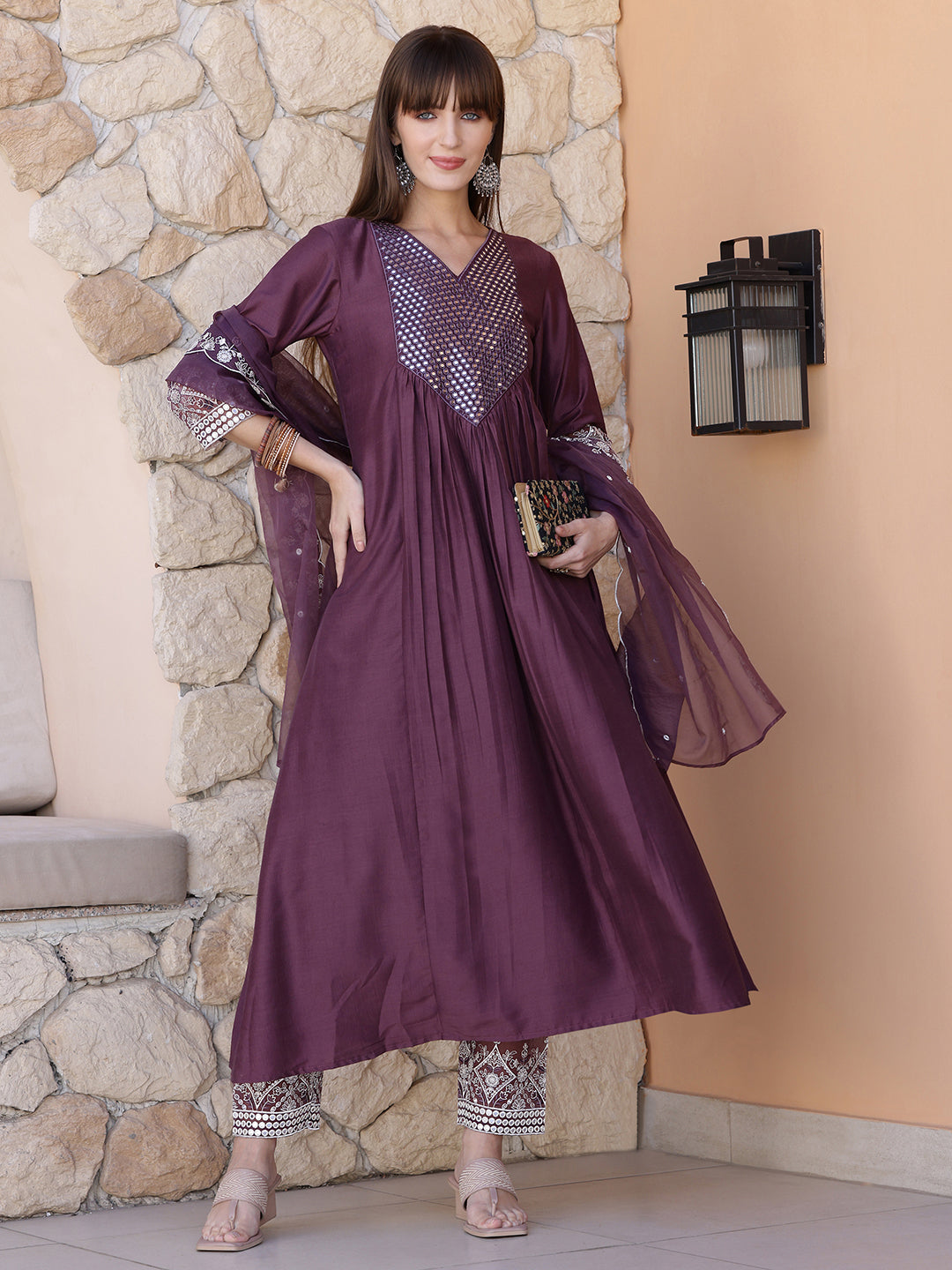 Mirror Embroidered Kurta With Pant & Embroidered Dupatta, Mauve - Hiral Fashion - Distacart