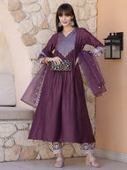 Mirror Embroidered Kurta With Pant & Embroidered Dupatta, Mauve - Hiral Fashion - Distacart