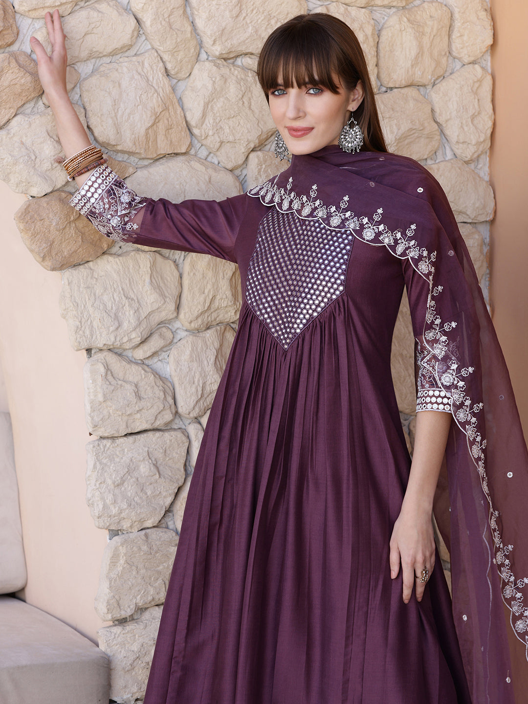Mirror Embroidered Kurta With Pant & Embroidered Dupatta, Mauve - Hiral Fashion - Distacart