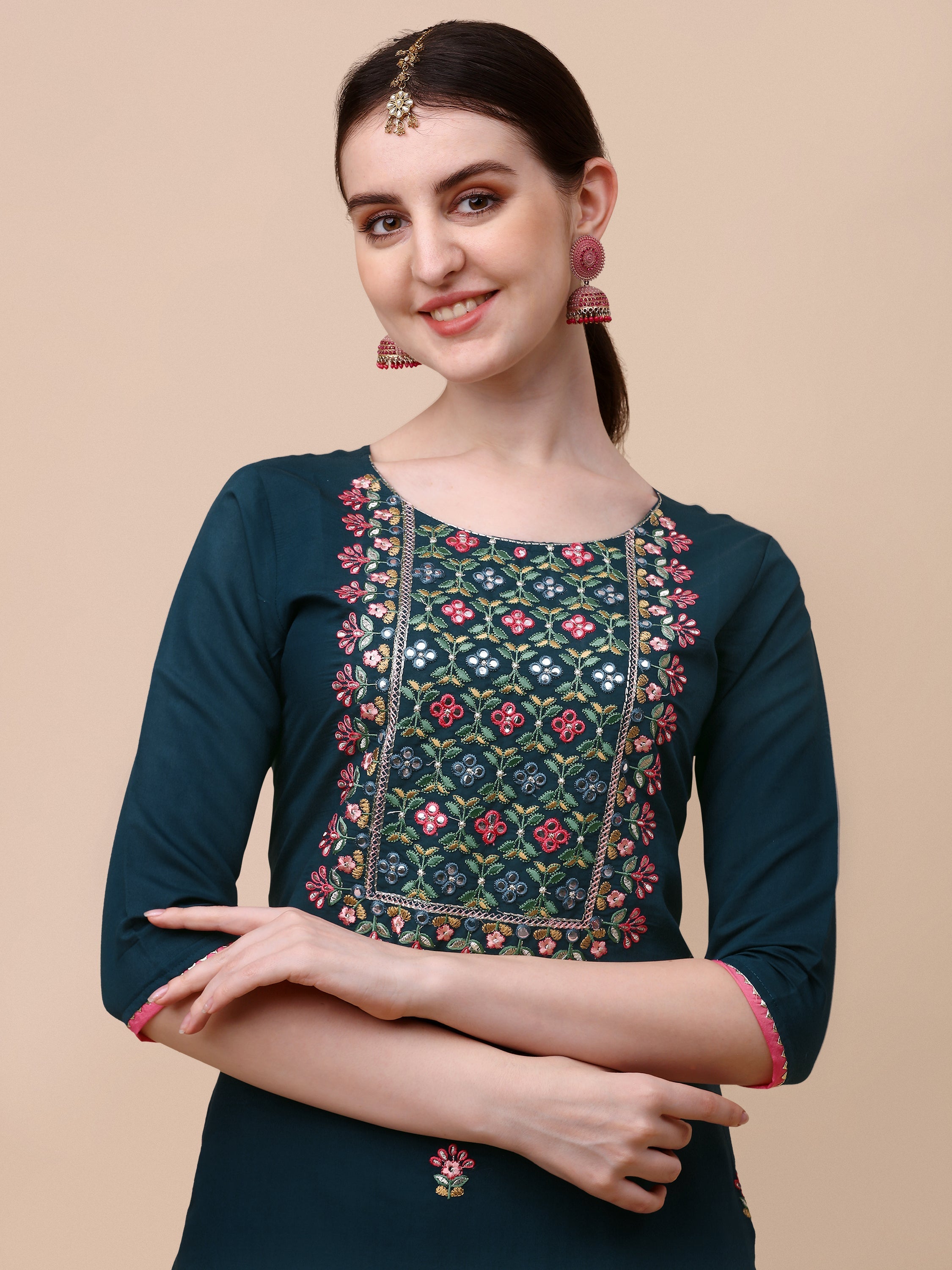 Mirror Embroidered Kurta With Pant & Dupatta Set, Multicolor - Hiral Fashion - Distacart