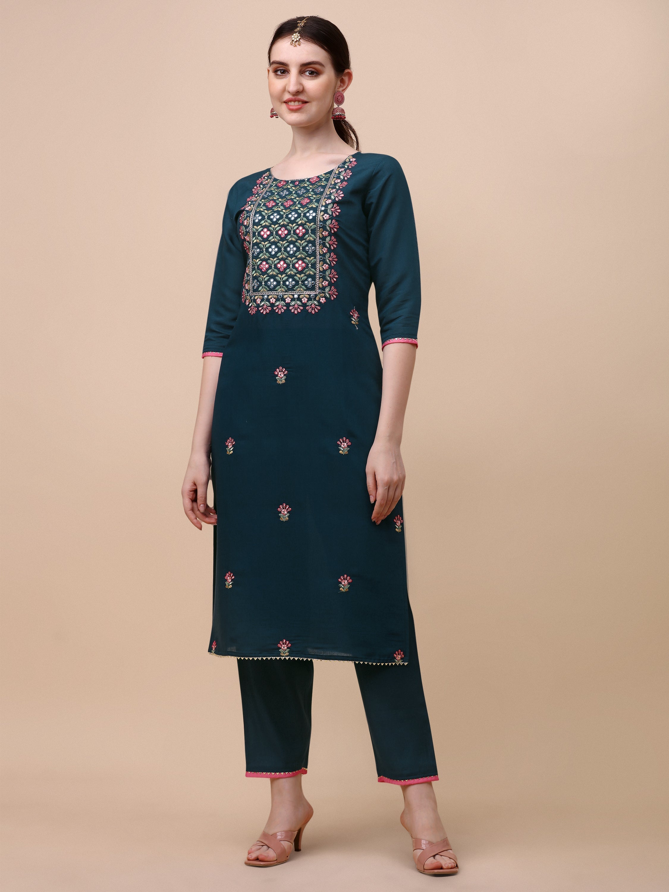 Mirror Embroidered Kurta With Pant & Dupatta Set, Multicolor - Hiral Fashion - Distacart