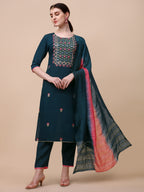 Mirror Embroidered Kurta With Pant & Dupatta Set, Multicolor - Hiral Fashion - Distacart