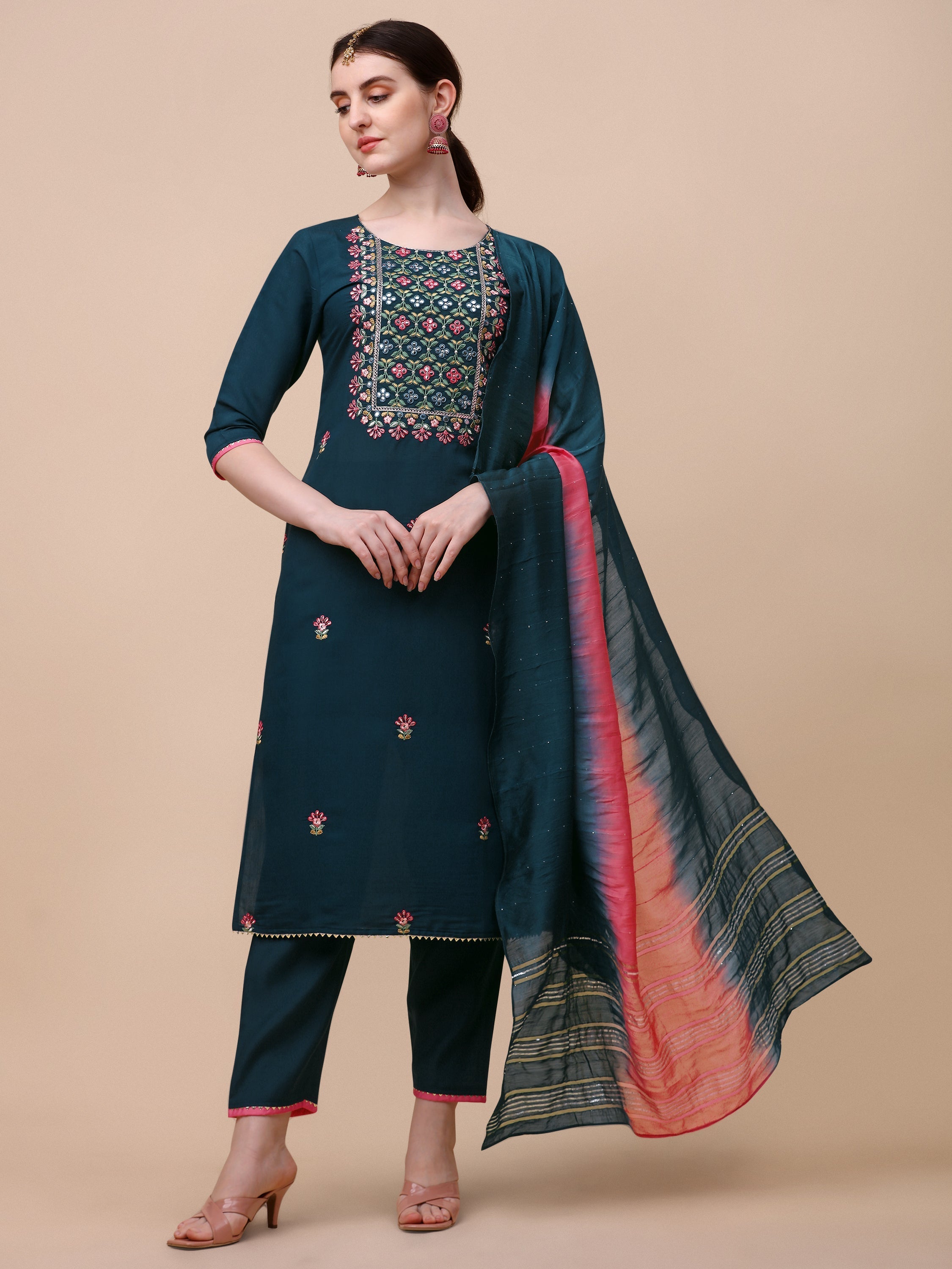 Mirror Embroidered Kurta With Pant & Dupatta Set, Multicolor - Hiral Fashion - Distacart