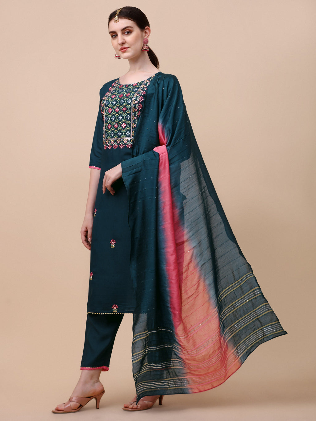 Mirror Embroidered Kurta With Pant & Dupatta Set, Multicolor - Hiral Fashion - Distacart
