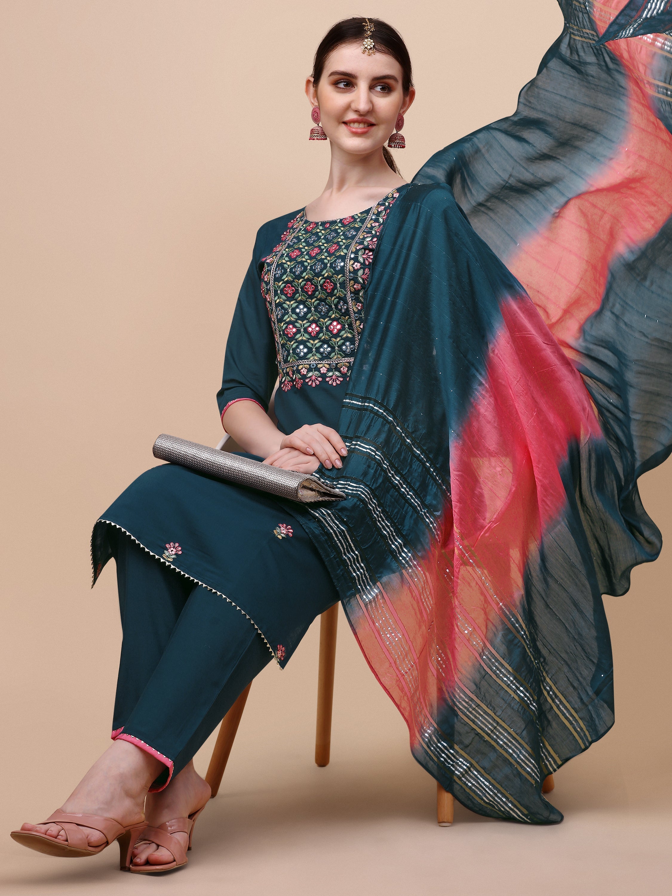 Mirror Embroidered Kurta With Pant & Dupatta Set, Multicolor - Hiral Fashion - Distacart