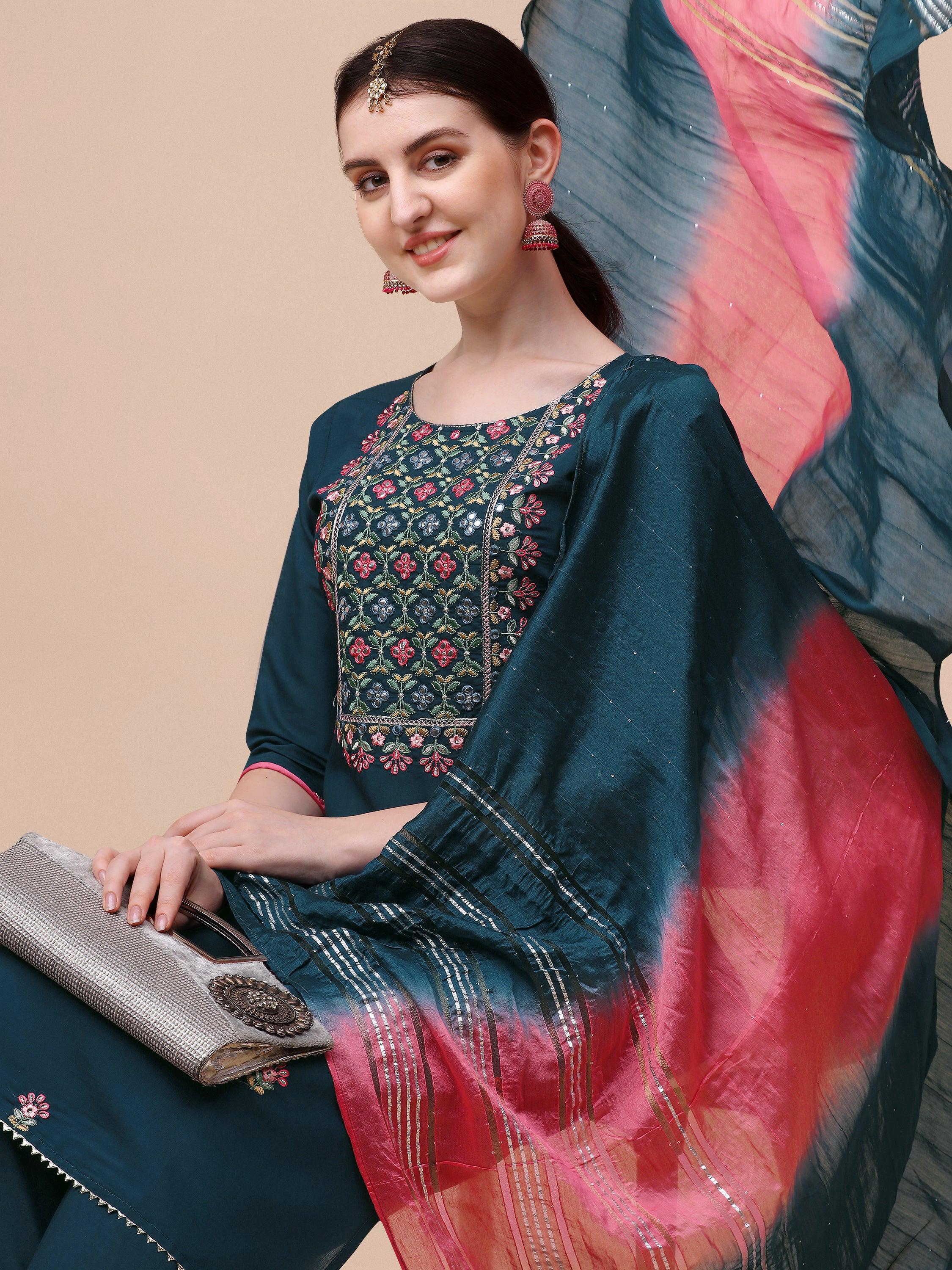 Mirror Embroidered Kurta With Pant & Dupatta Set, Multicolor - Hiral Fashion - Distacart