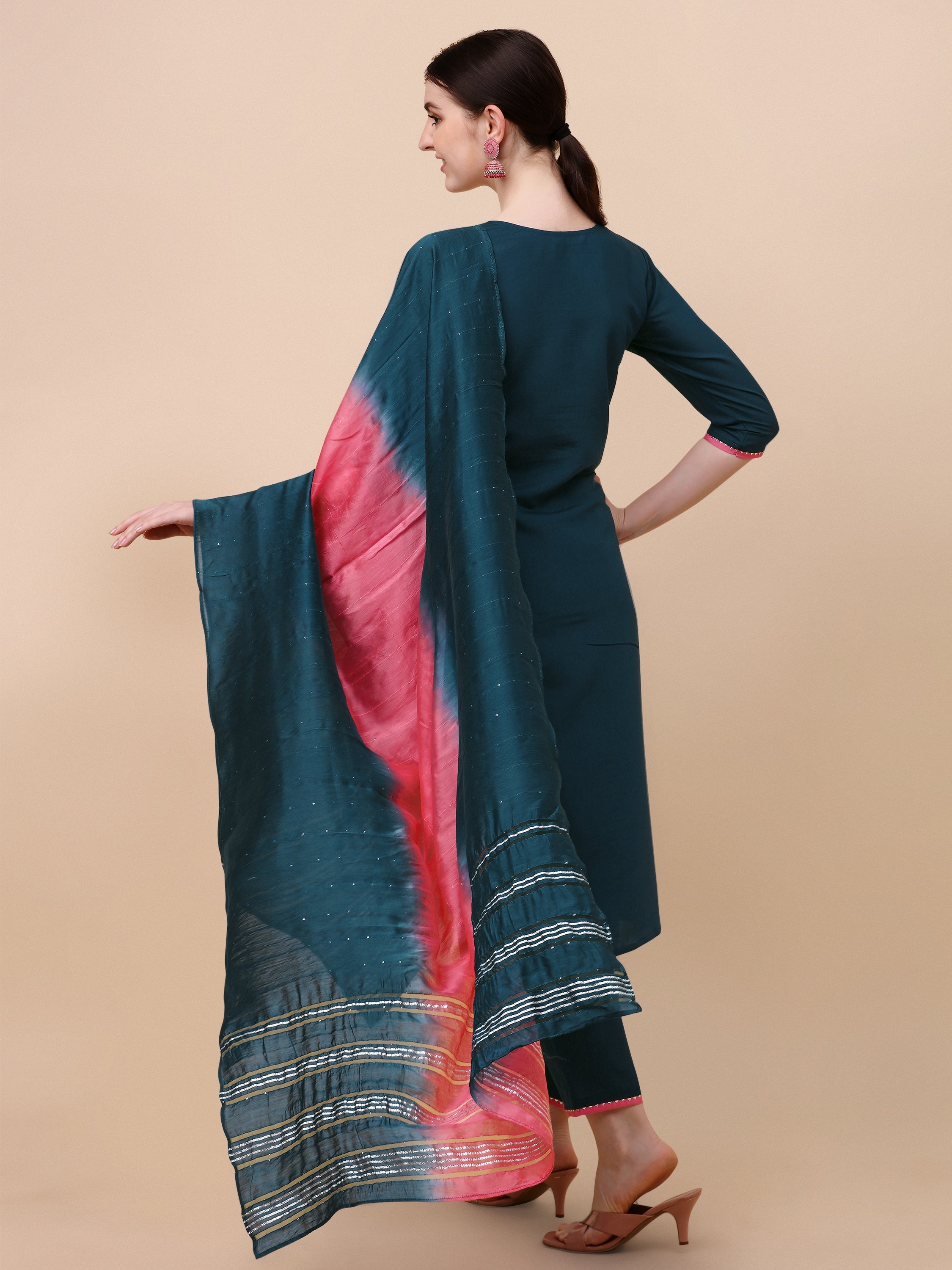 Mirror Embroidered Kurta With Pant & Dupatta Set, Multicolor - Hiral Fashion - Distacart