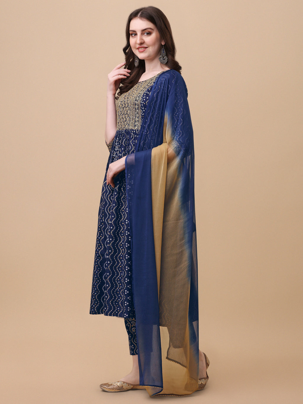 Nayra Cut Bandhani Printed & Embroidered Kurta With Pant & Dupatta Set, Multicolor - Hiral Fashion