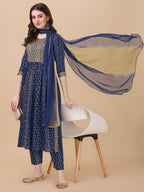 Nayra Cut Bandhani Printed & Embroidered Kurta With Pant & Dupatta Set, Multicolor - Hiral Fashion