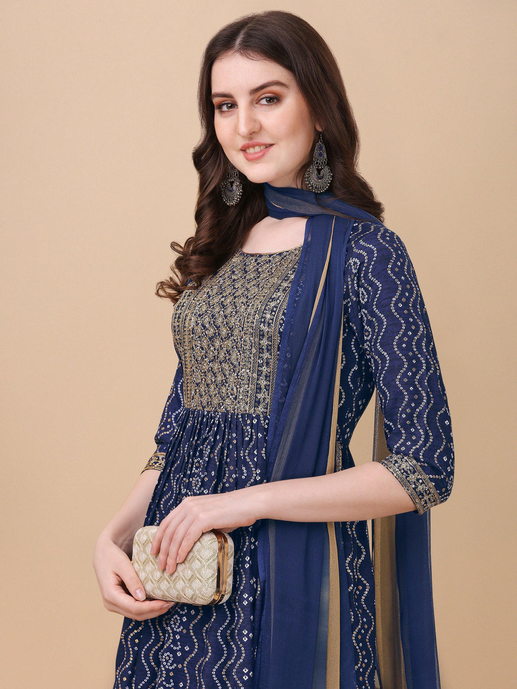 Nayra Cut Bandhani Printed & Embroidered Kurta With Pant & Dupatta Set, Multicolor - Hiral Fashion