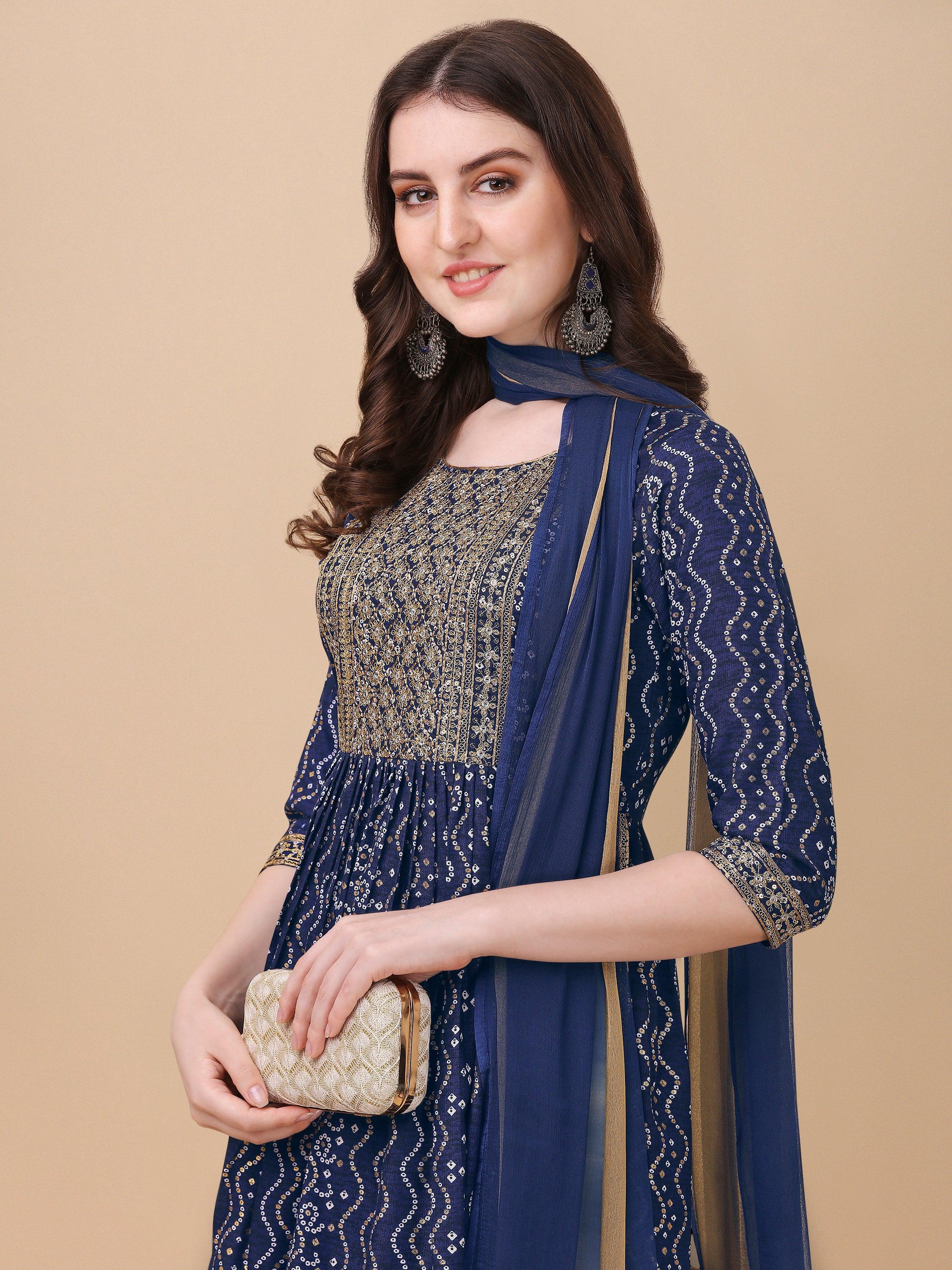Nayra Cut Bandhani Printed & Embroidered Kurta With Pant & Dupatta Set, Multicolor - Hiral Fashion
