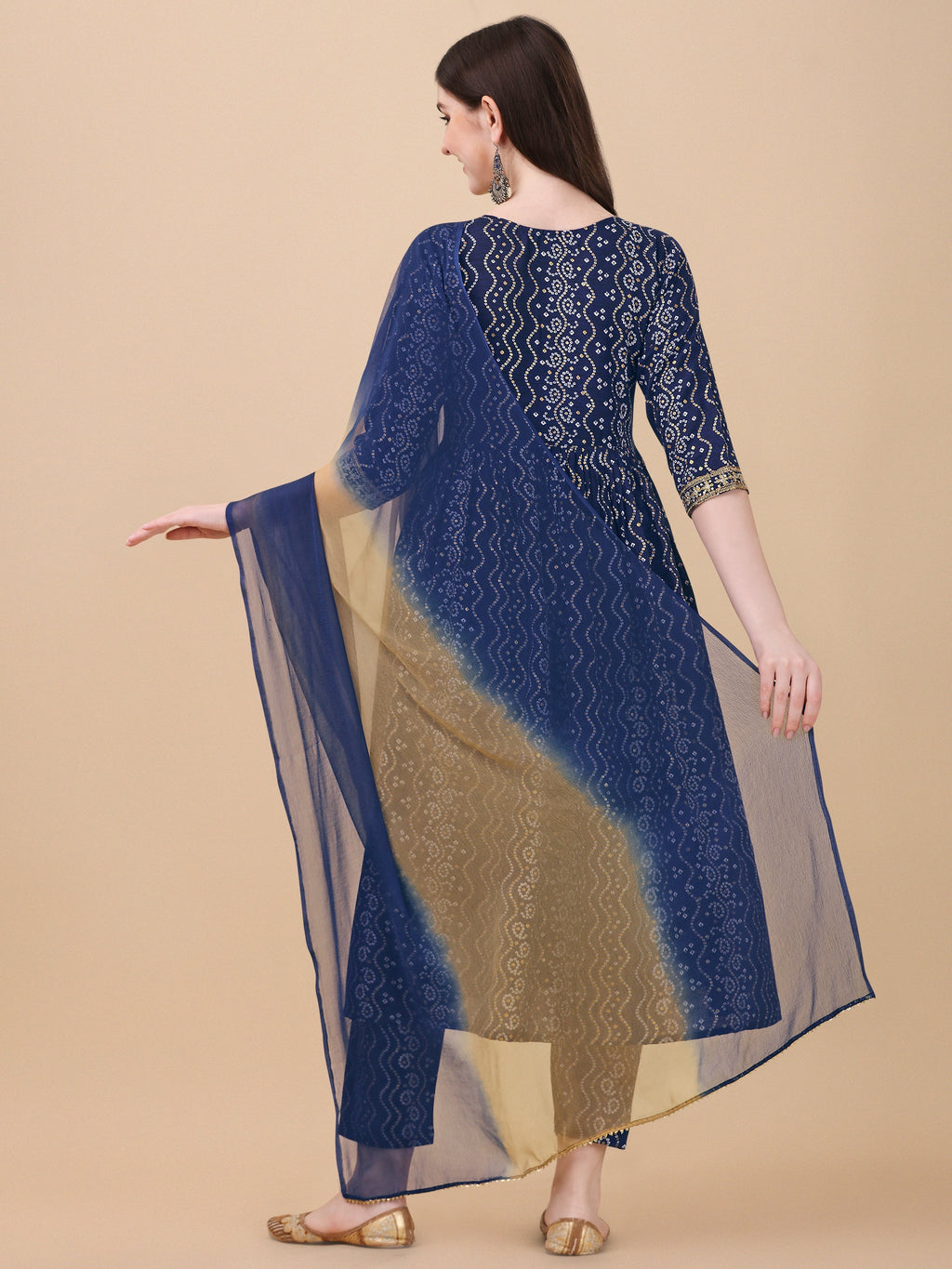 Nayra Cut Bandhani Printed & Embroidered Kurta With Pant & Dupatta Set, Multicolor - Hiral Fashion